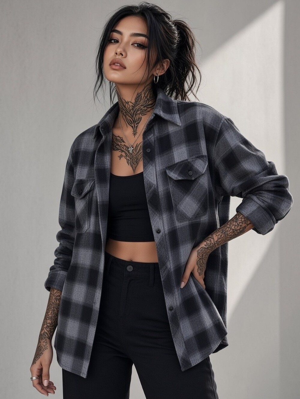Womens Black & Gray Plaid Button-Up Shacket